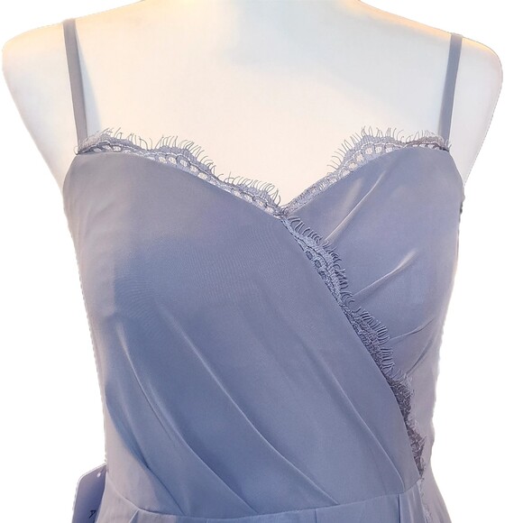 Azazie NWT Tegan Slate Blue Chiffon & Eyelash Lace Long A-line Gown, Size 4 - Picture 7 of 11